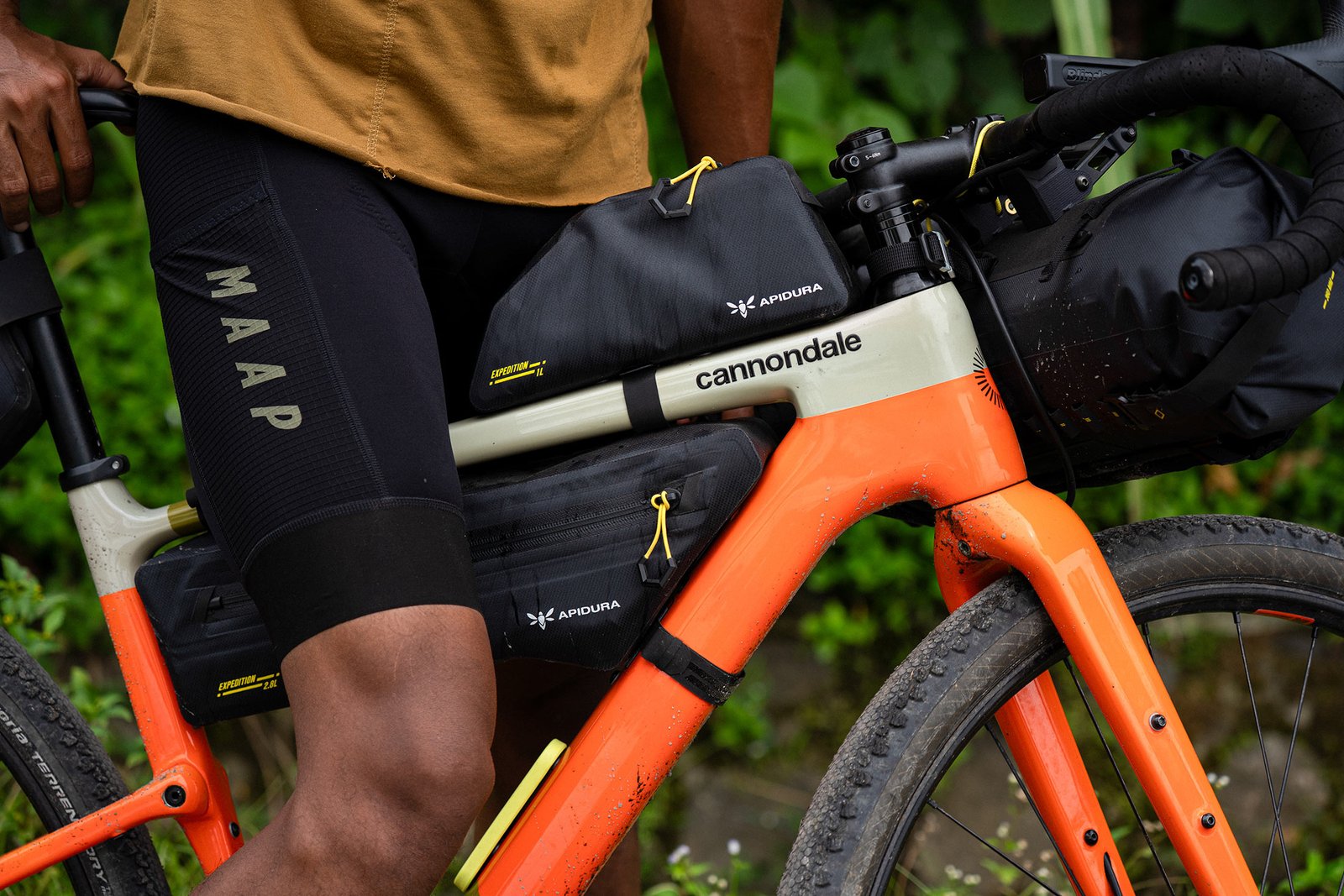 closeup of 2026 apidura expedition series bikepacking frame bags.