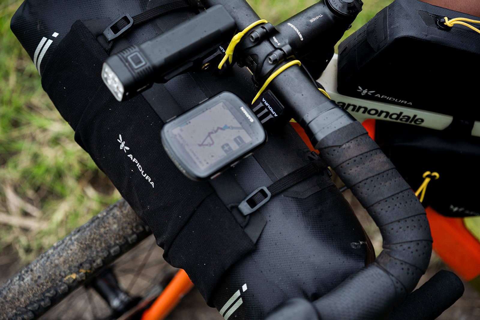 closeup of computer mounts on 2026 apidura expedition series handlebar bags.