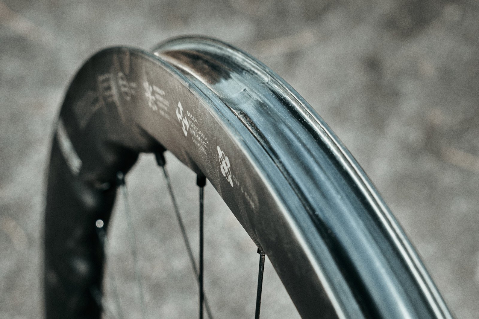 closeup rim view of fulcrum sharq gr gravel bike wheels.