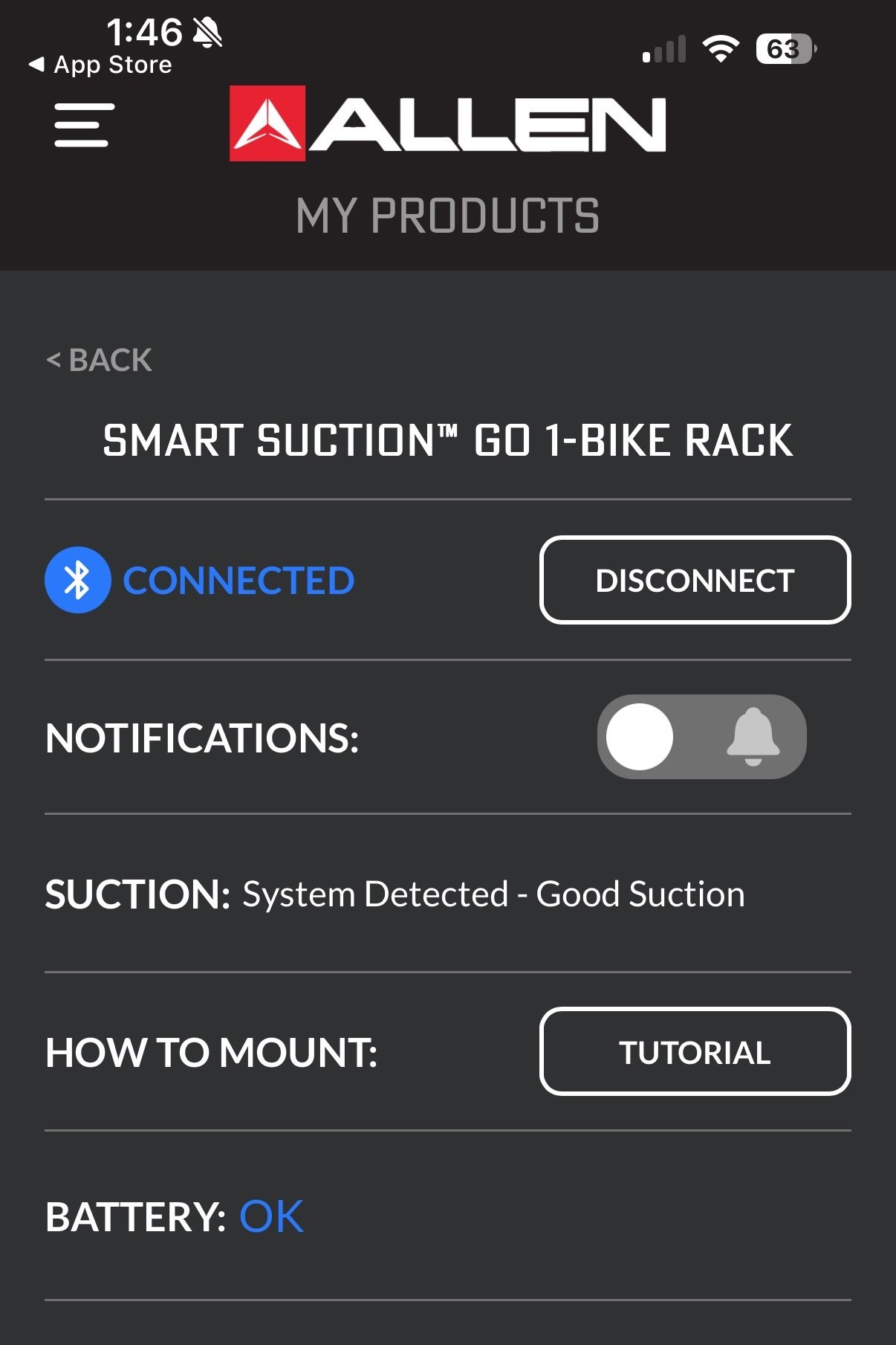 screenshot of the smart suction app connected to the bike rack
