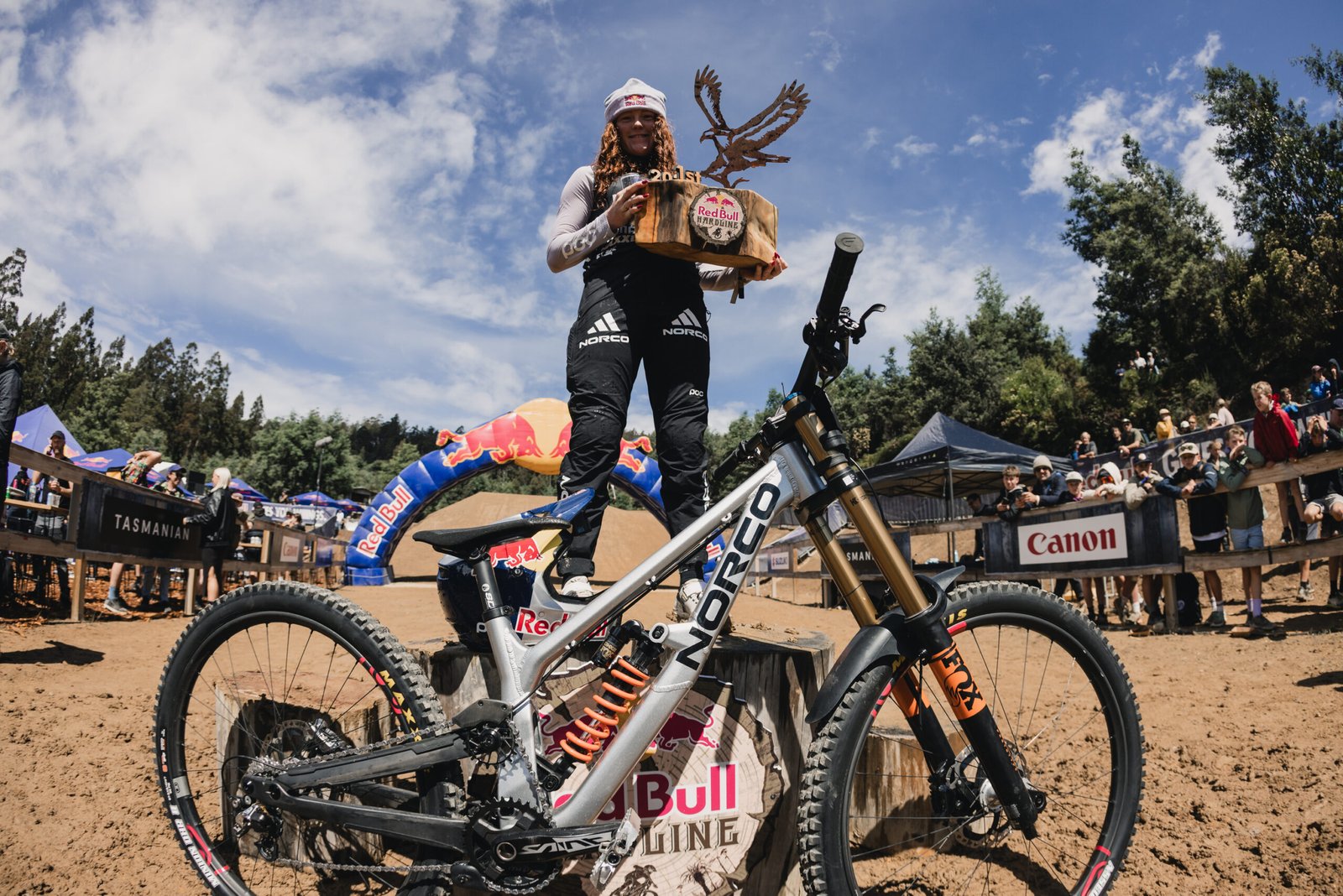 gracey Hemstreet on the Red Bull Hardline Tasmania podium with the Fox 40