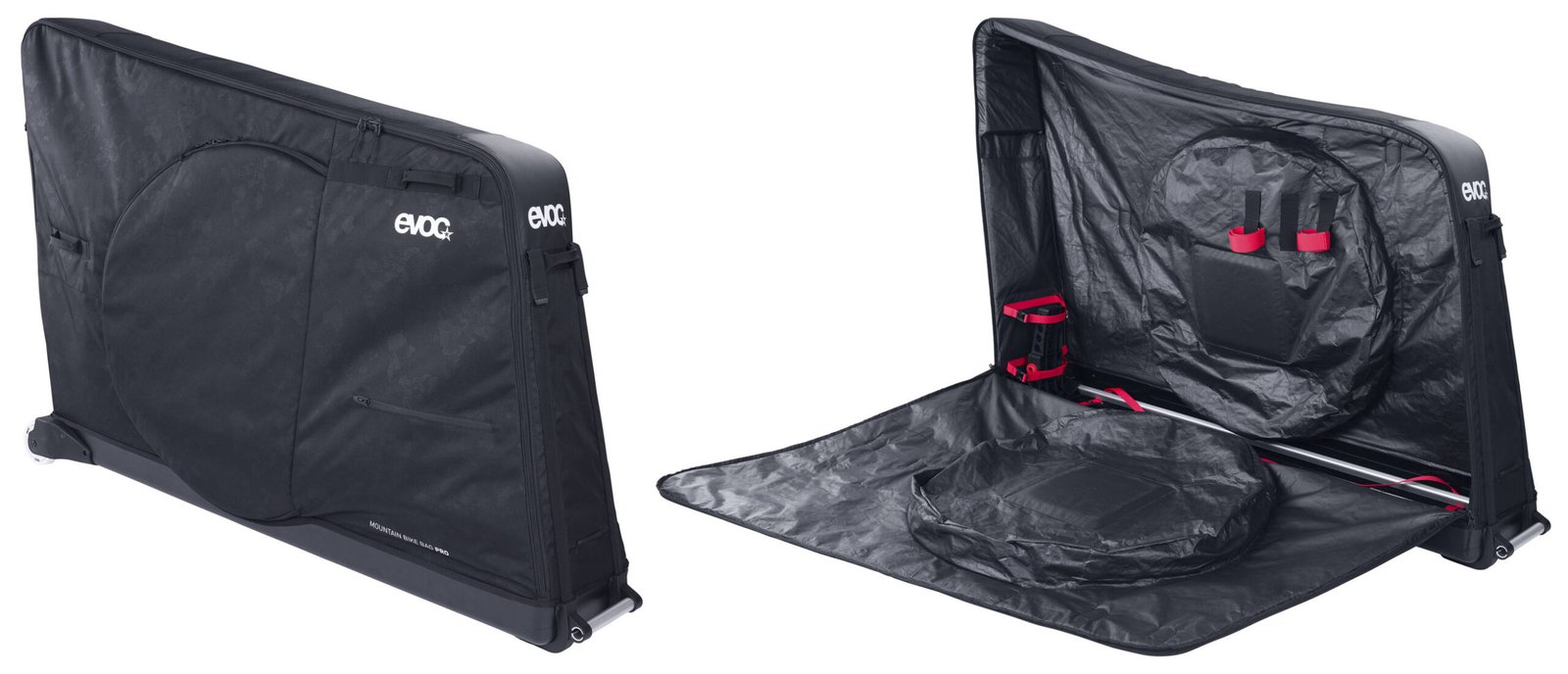 evoc mountain bike bag pro travel case for MTBs shown open and closed.