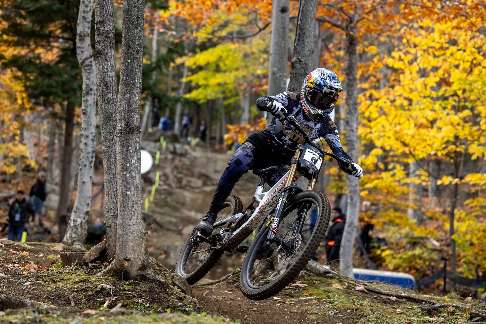Jackson Goldstone racing in a World Cup DH on the Fox 40 last season