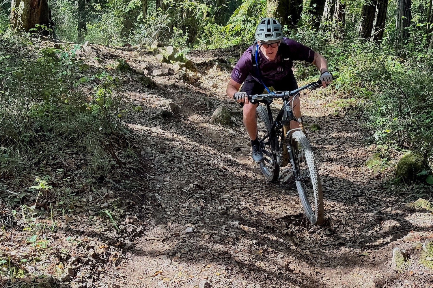 Scot Nicol riding the Ripley SL down a singltrack trail in the forest.
