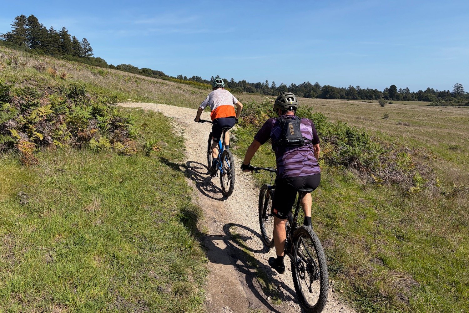 Colin Hughes and Scot Nicol riding up a trail through a meadow on the new Ripley SL.