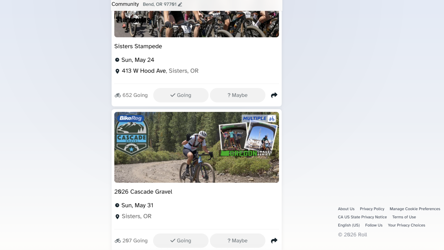 Roll is a new webpage that allows cyclist to see events, races, and other happenings in their area
