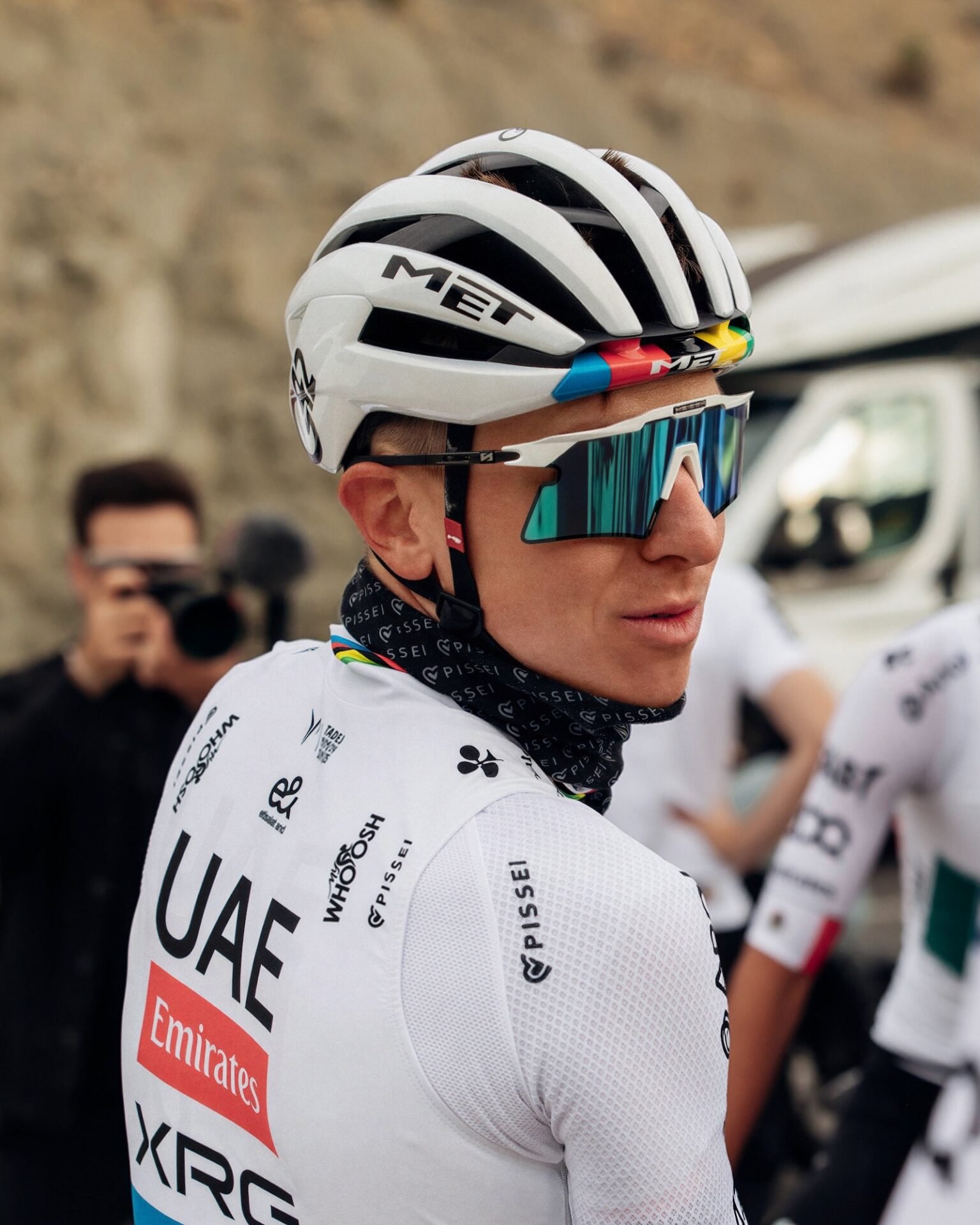 Tadej Pogacar wearing the Aeroshade 2.0 Titanium sunglasses