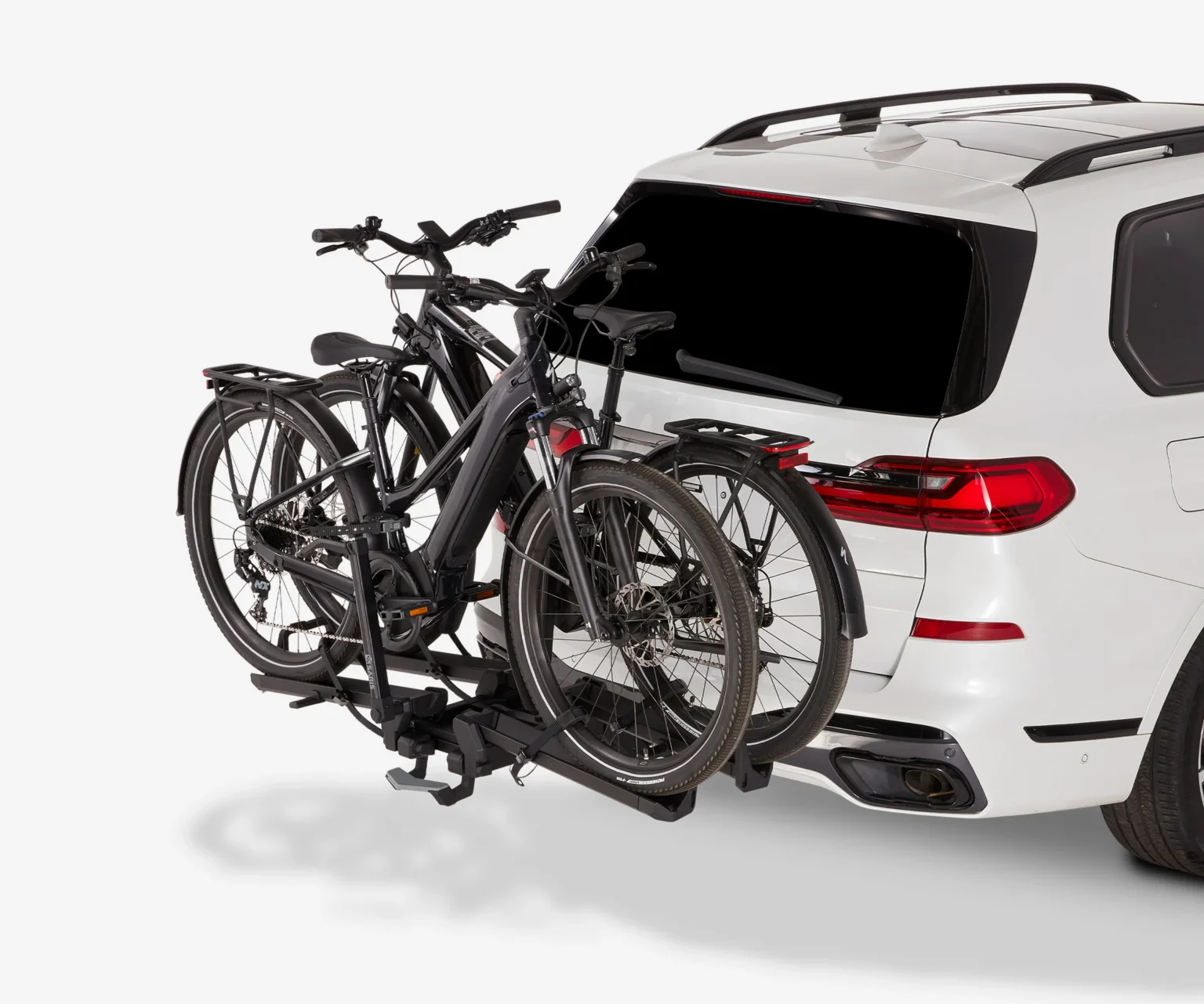 saris cycle-on hitch bike rack shown with bikes on it.