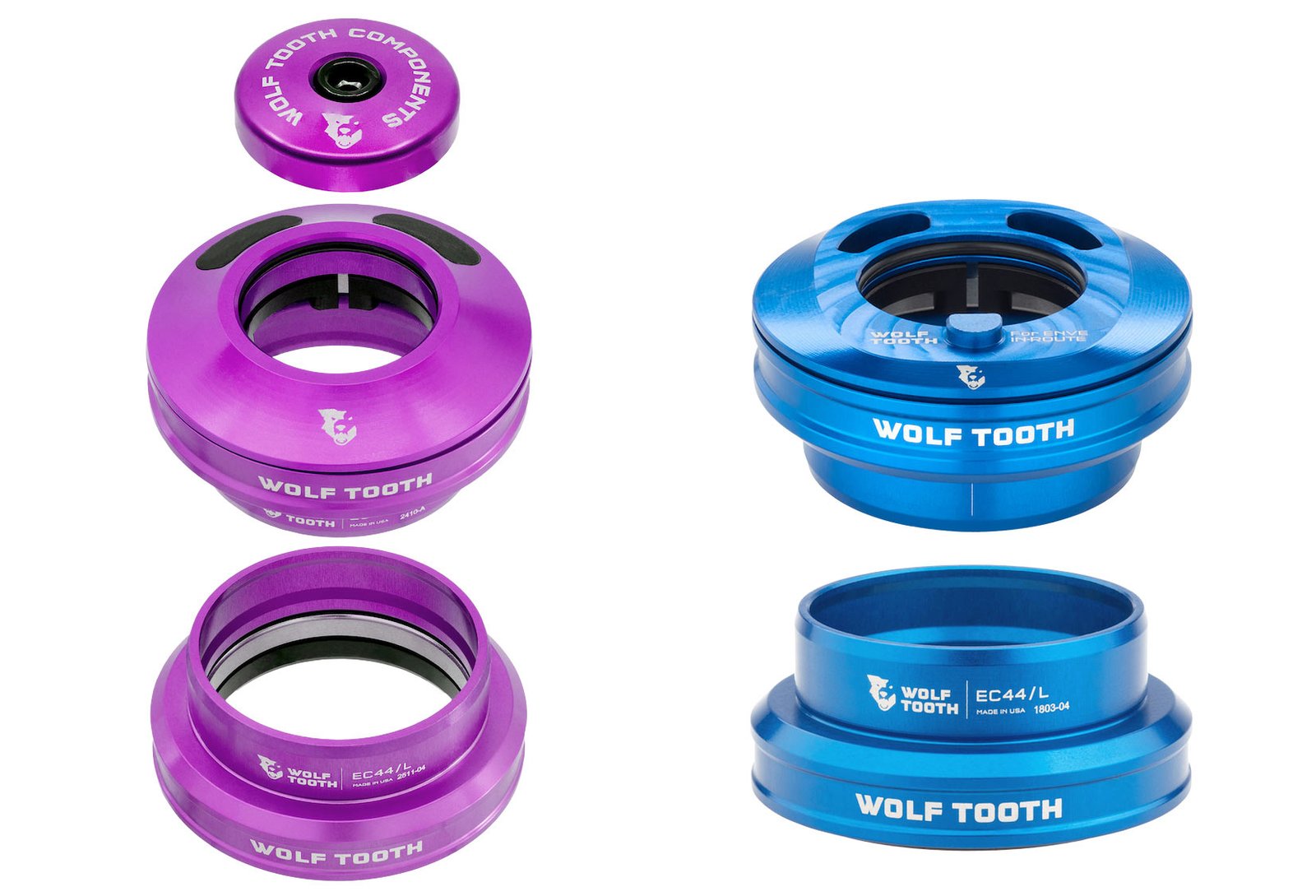 wolf tooth aero semi-internal headset shown next to full internal headset.