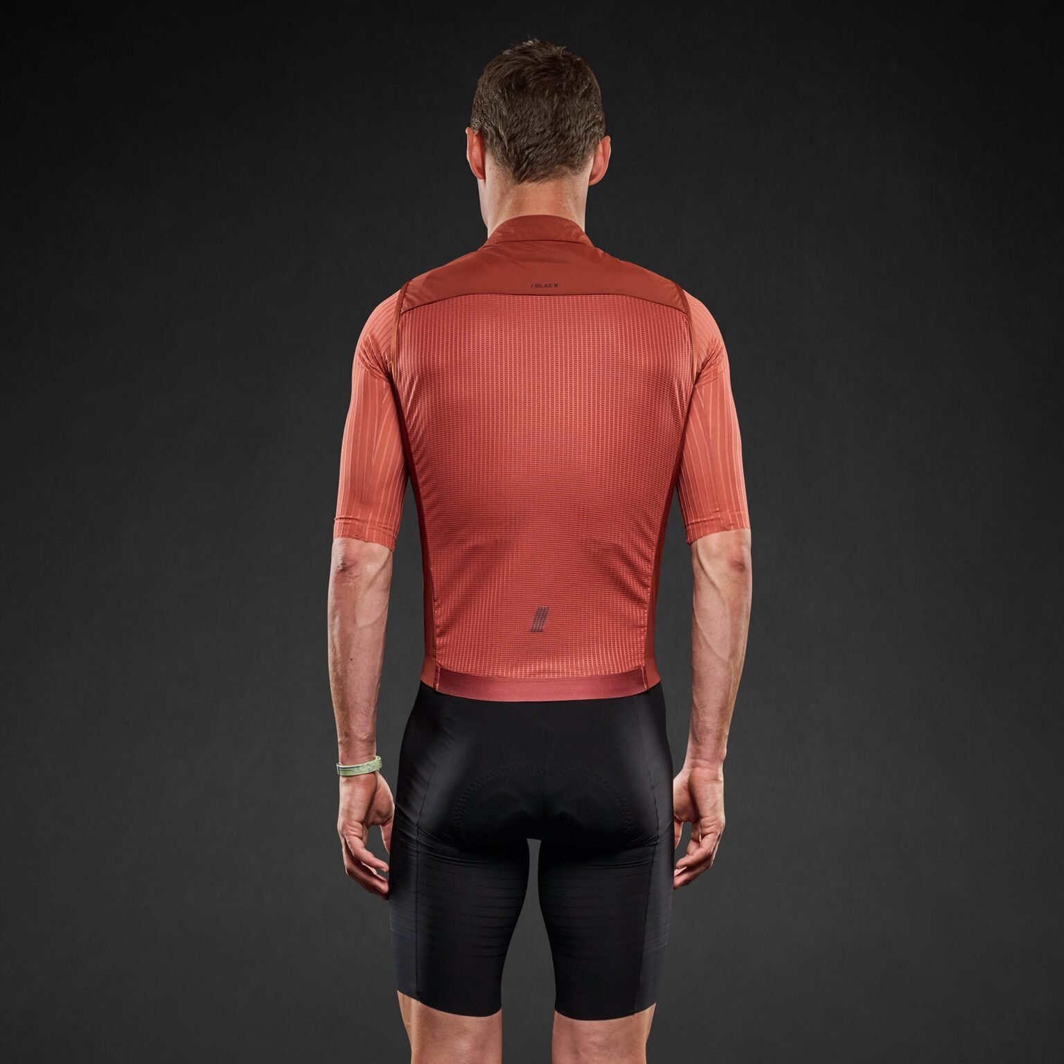 studio image of a man wearing the Pi Black wind vest, viewed from behind.