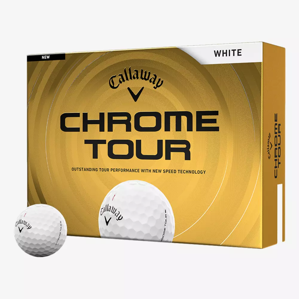 A gold box of Callaway Chrome Tour white golf balls with two displayed in front. The packaging features bold black text and the Callaway logo—an ideal companion for those seeking the best golf shoes 2026 has to offer.