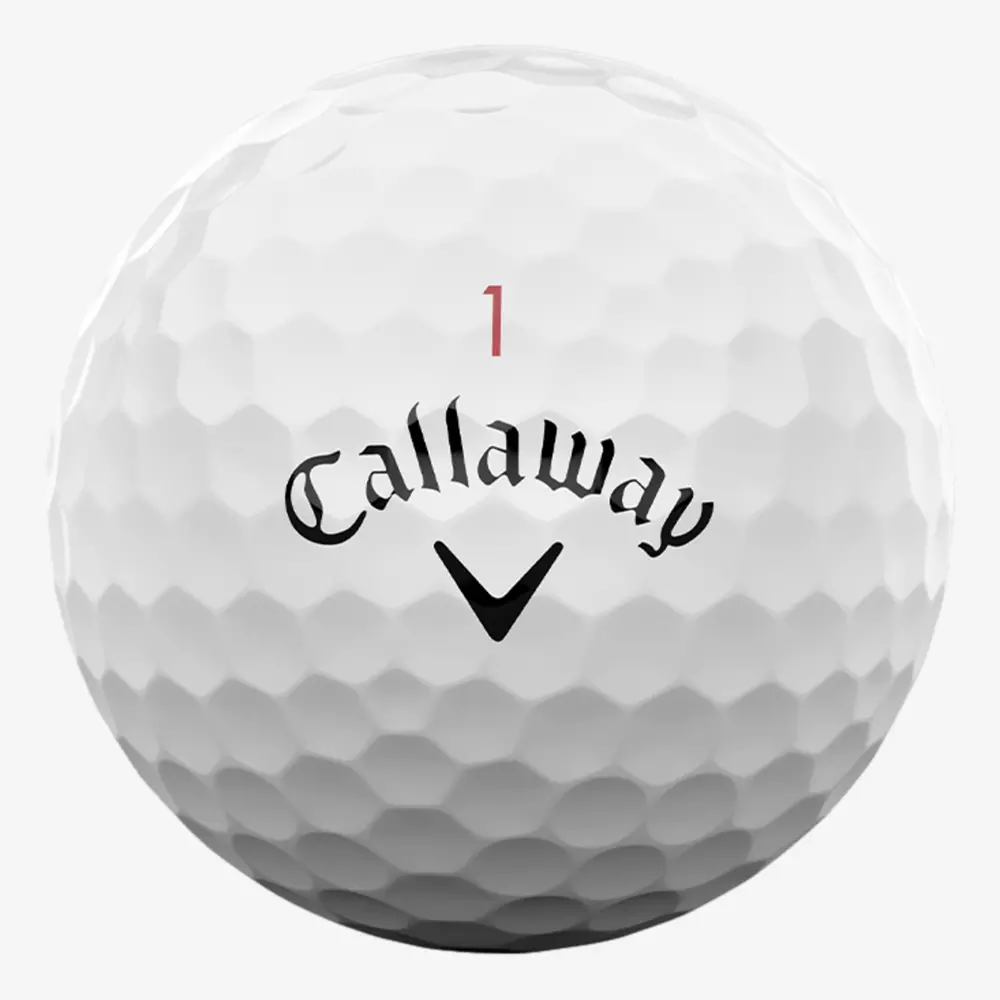 A close-up of a white Callaway golf ball with the number 1 in red above the black Callaway logo and a black V-shaped symbol below. Its dimpled surface is clearly visible—perfect for players searching for the best golf shoes 2026 has to offer.