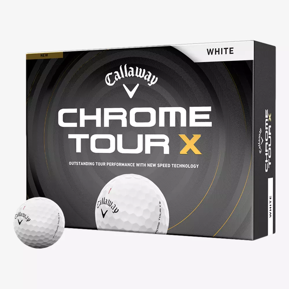 A box of Callaway Chrome Tour X golf balls labeled White, with two balls displayed in front. The packaging features black and gold accents and prominent branding—an ideal match for those seeking the best golf shoes 2026 has to offer.