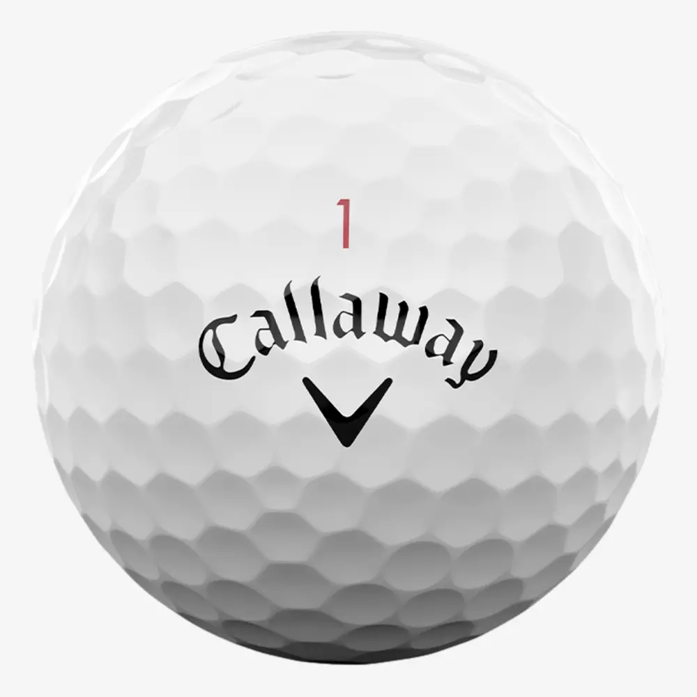 A white Callaway golf ball with dimples, featuring the number 1 in red above the black Callaway logo and chevron, rests on a plain background—perfect for pairing with the best golf shoes 2026 has to offer.