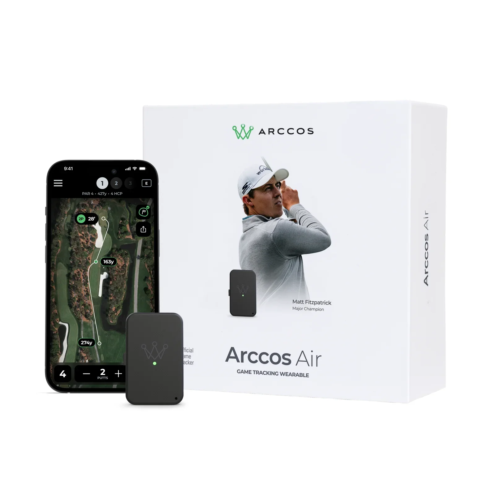 A product box for Arccos Air game tracking wearable displays a golfer swinging a club. In front of the box are a black wearable device and a smartphone showing a golf course map on its screen.