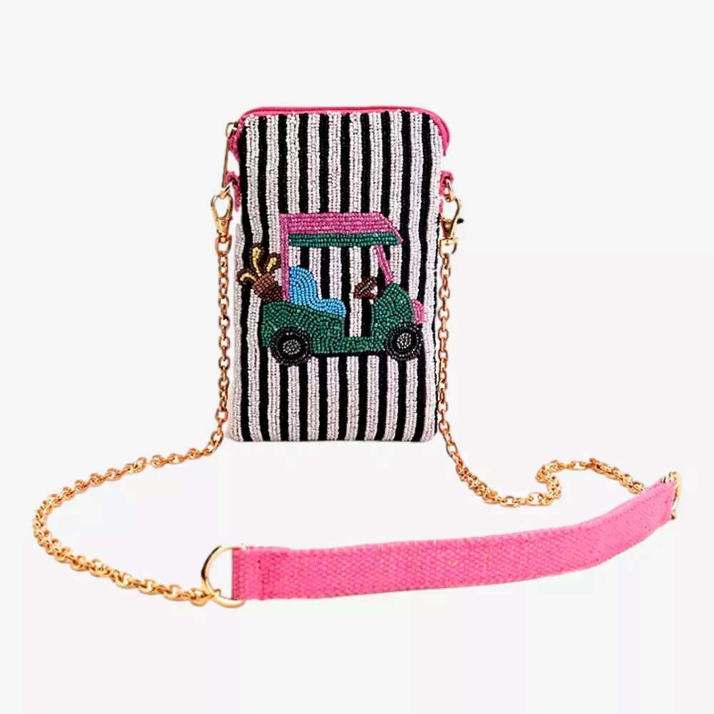 A small, beaded crossbody bag with a gold chain strap, pink fabric shoulder pad, black and white stripes, and an embroidered green golf cart with two dogs—perfect for Mother's Day gifts and stylish gifts under $50.