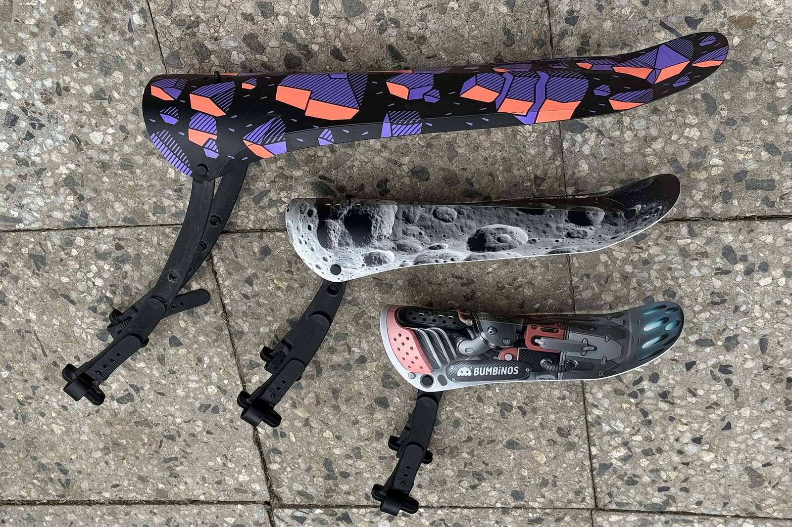 Bumbinos playful fenders for kids' bikes: small & large vs. adult Ass Savers Win Wing MTB top view