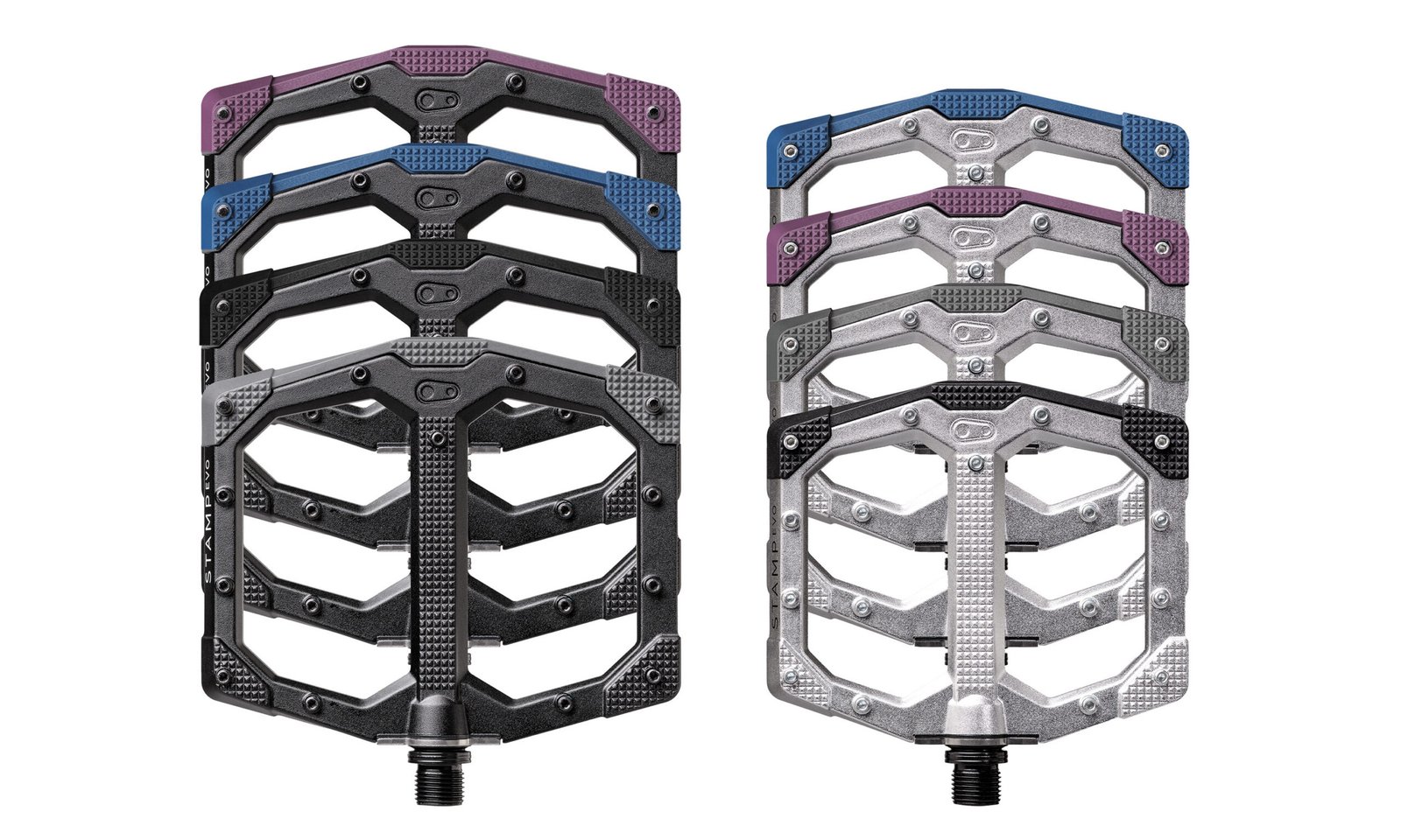 Crankbrothers Stamp EVO long mountain bike platform pedals, bashguard colors