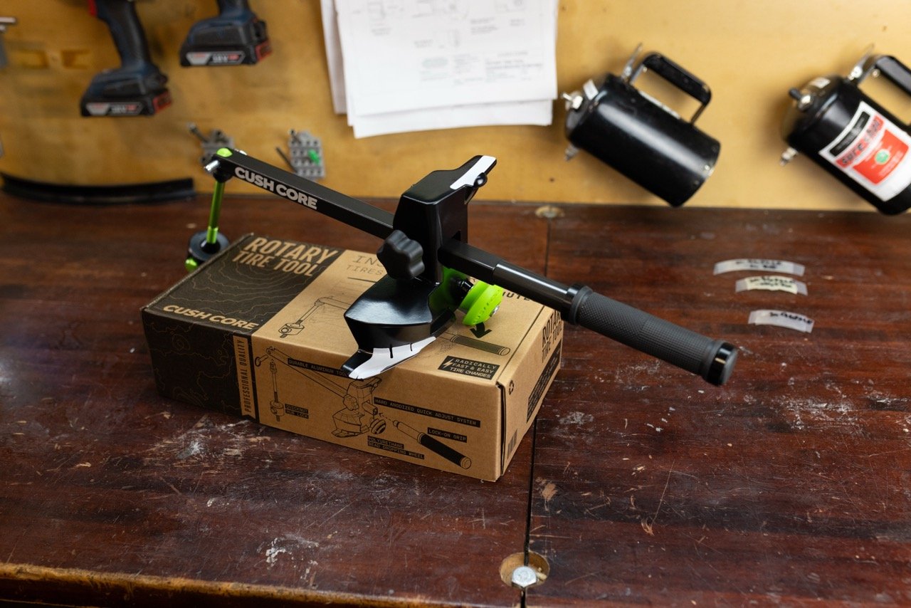 CushCore Rotary Tire Tool shop bench
