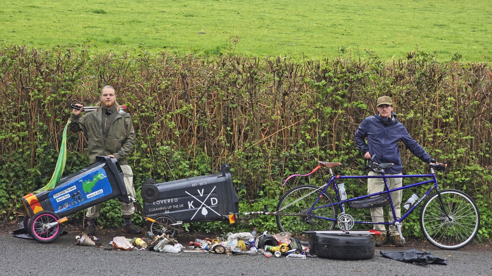 Jamie Hargreaves and Alfie Cookson with a load of roadside rubbish