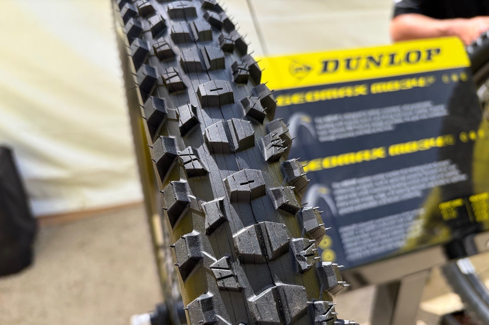 close up view of the tread on the Dunlop Geomax MB34F tire at Sea Otter.