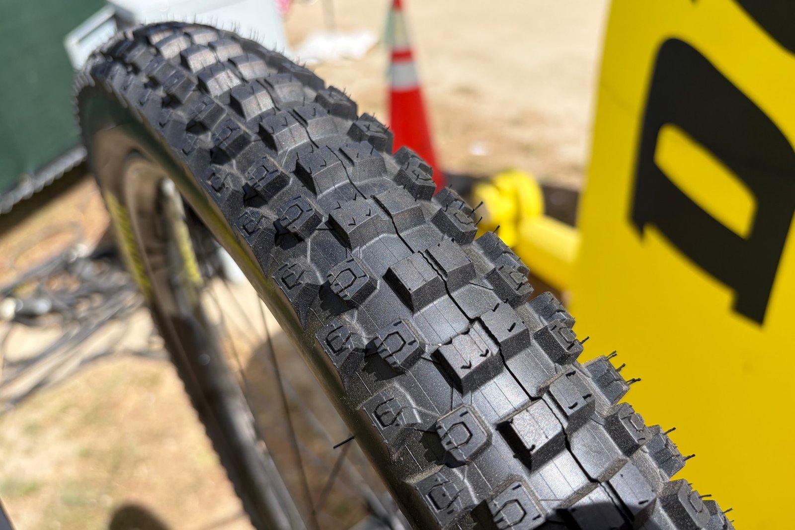 close view of the MB53R tire at the Dunlop both at Sea Otter.