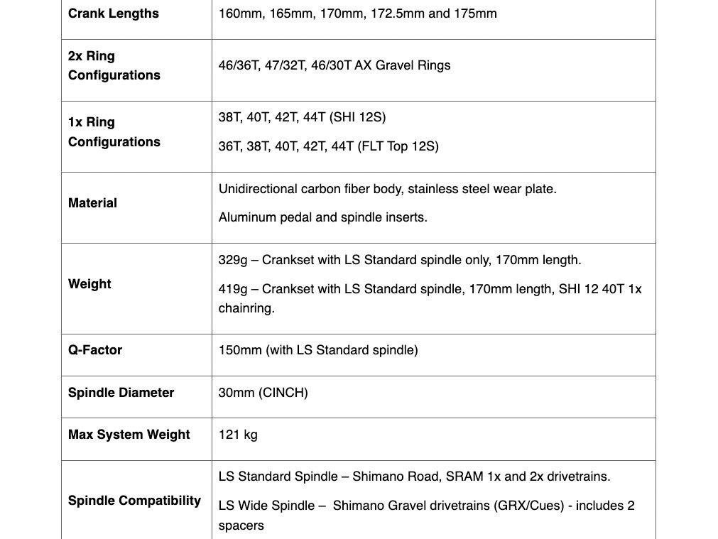 screenshot of the Easton EC90 ALX cranks specs