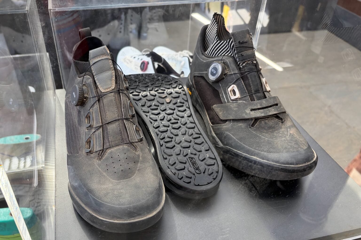 The Chamber Trail shoe and one of the d evelopment version of the shoe on display at Sea Otter.