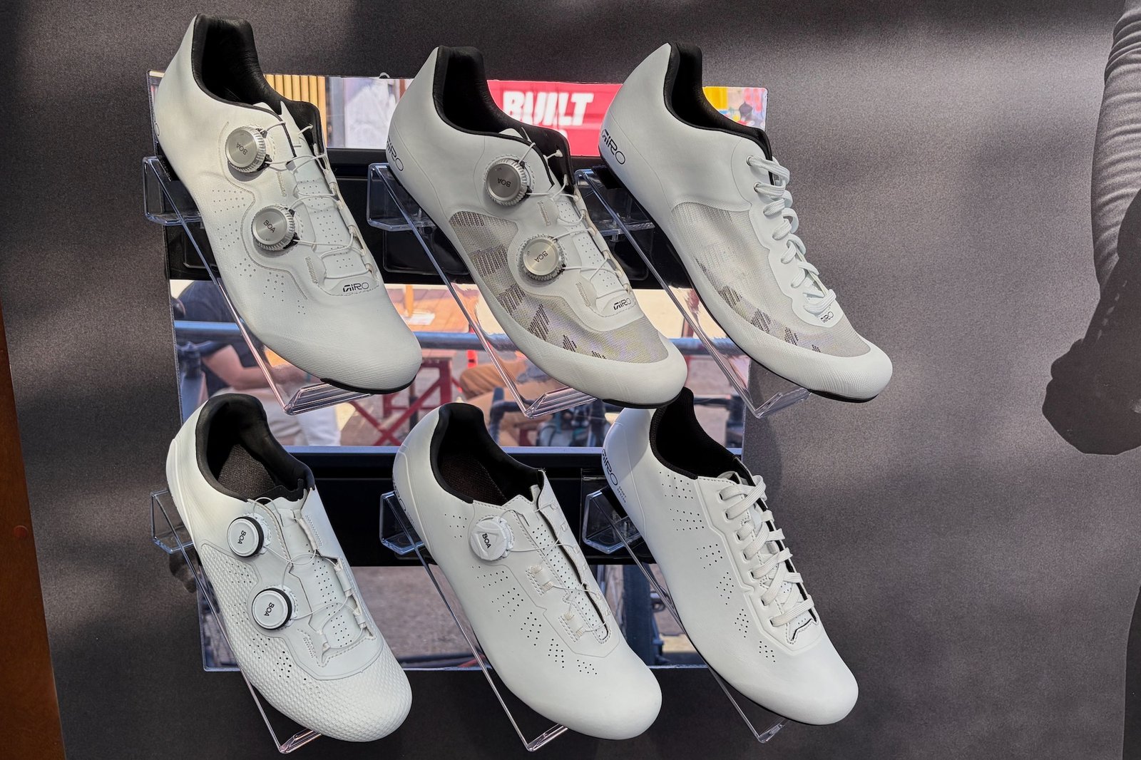six Giro road bike shoes, with the three in the lower row being the new models on display at Sea Otter.