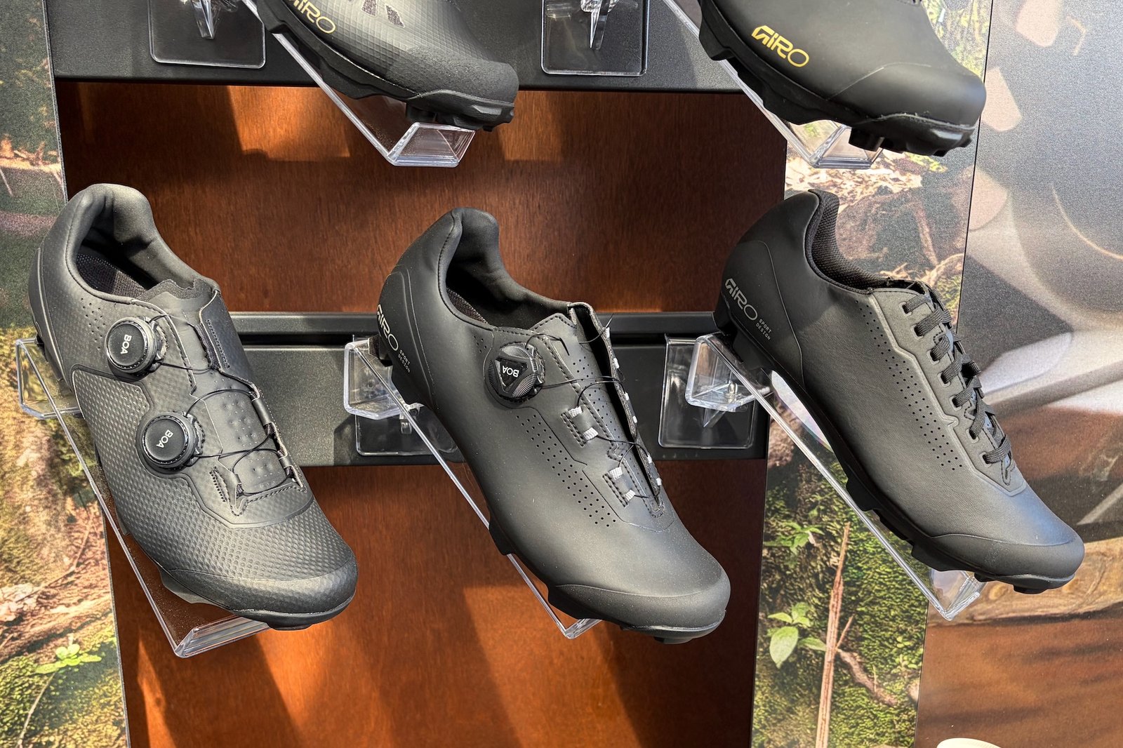 three new Giro XC and gravel shoes on display at Sea Otter.