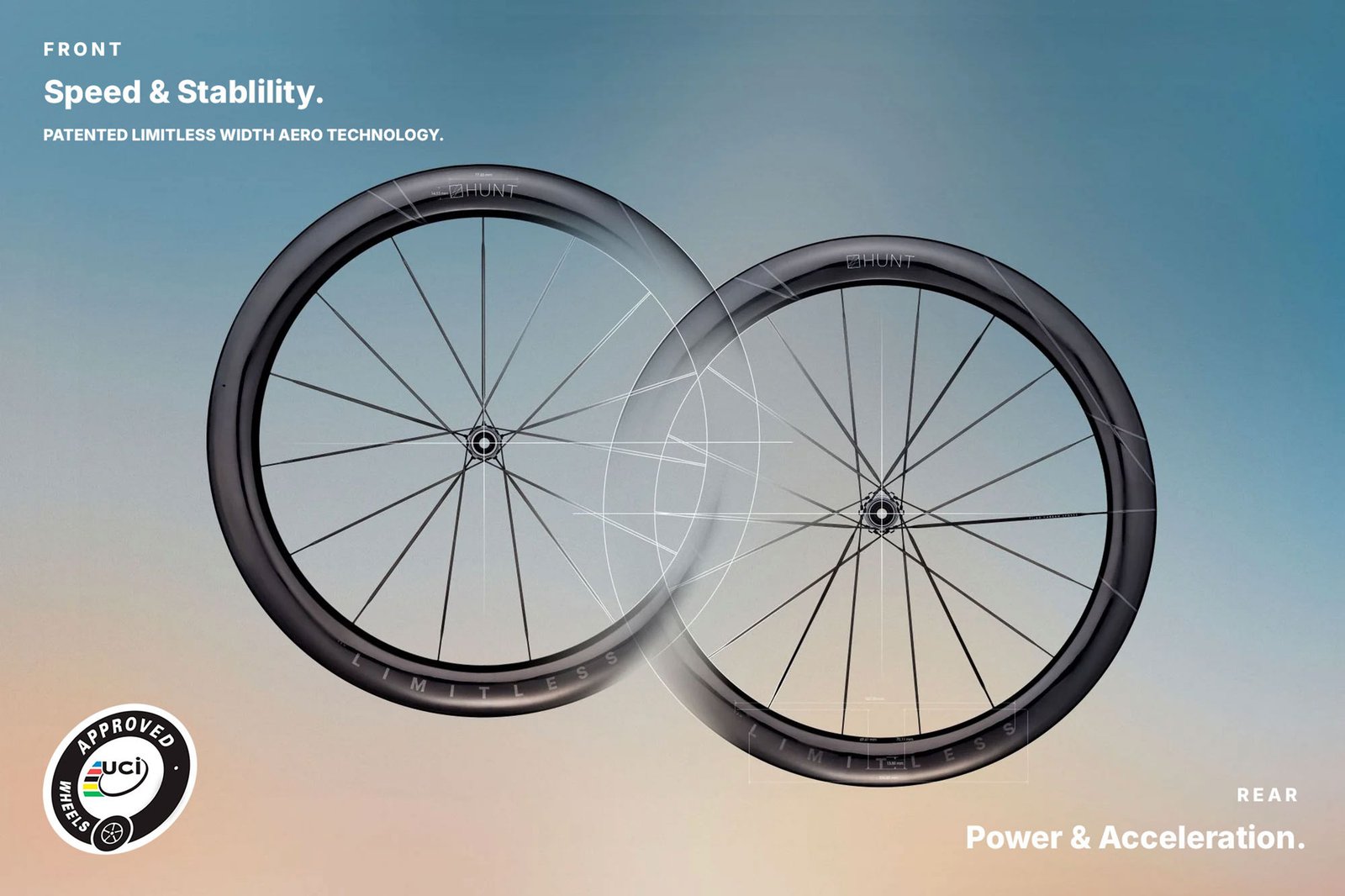 Hunt 5AM Limitless ultralight aero road bike wheels with carbon spokes, UCI-approved