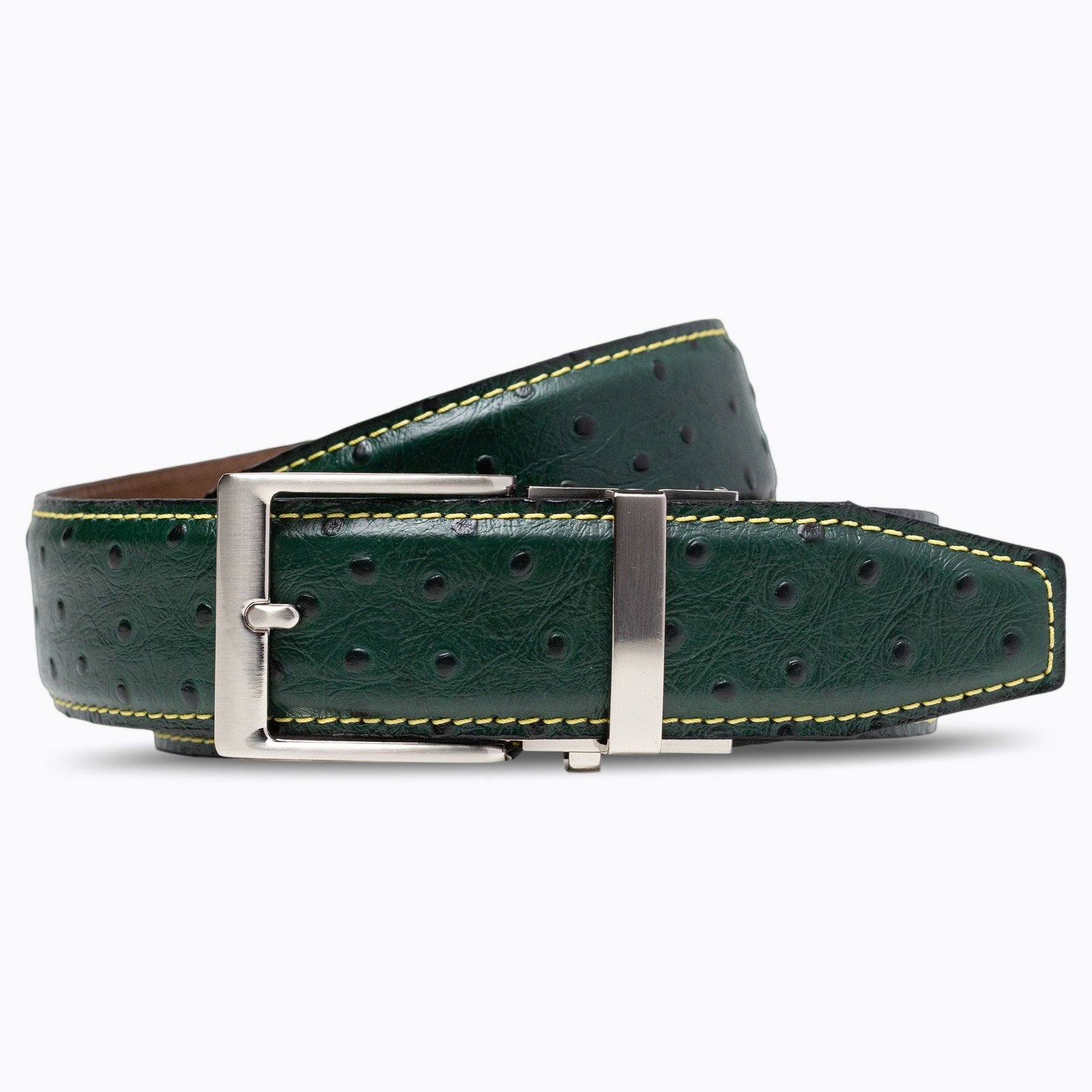 Ostrich Emerald Green w/ Yellow Thread Ratchet Belt 1.575