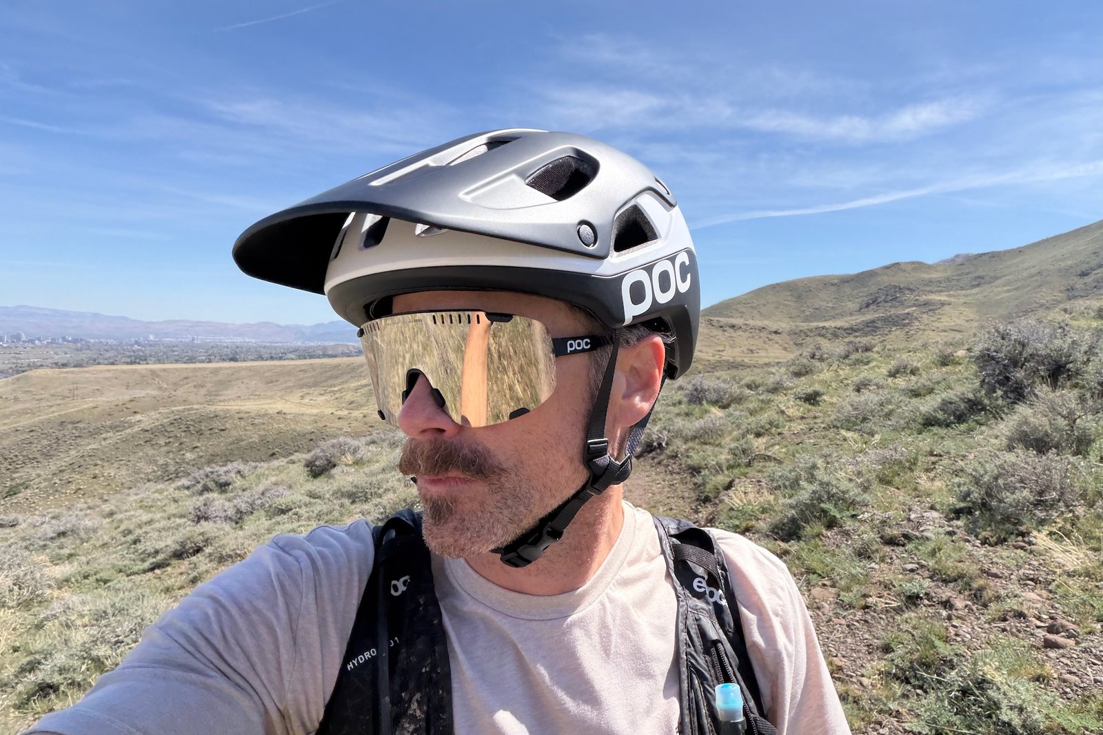 wearing the POC Cularis Pure helmet on a bike ride.