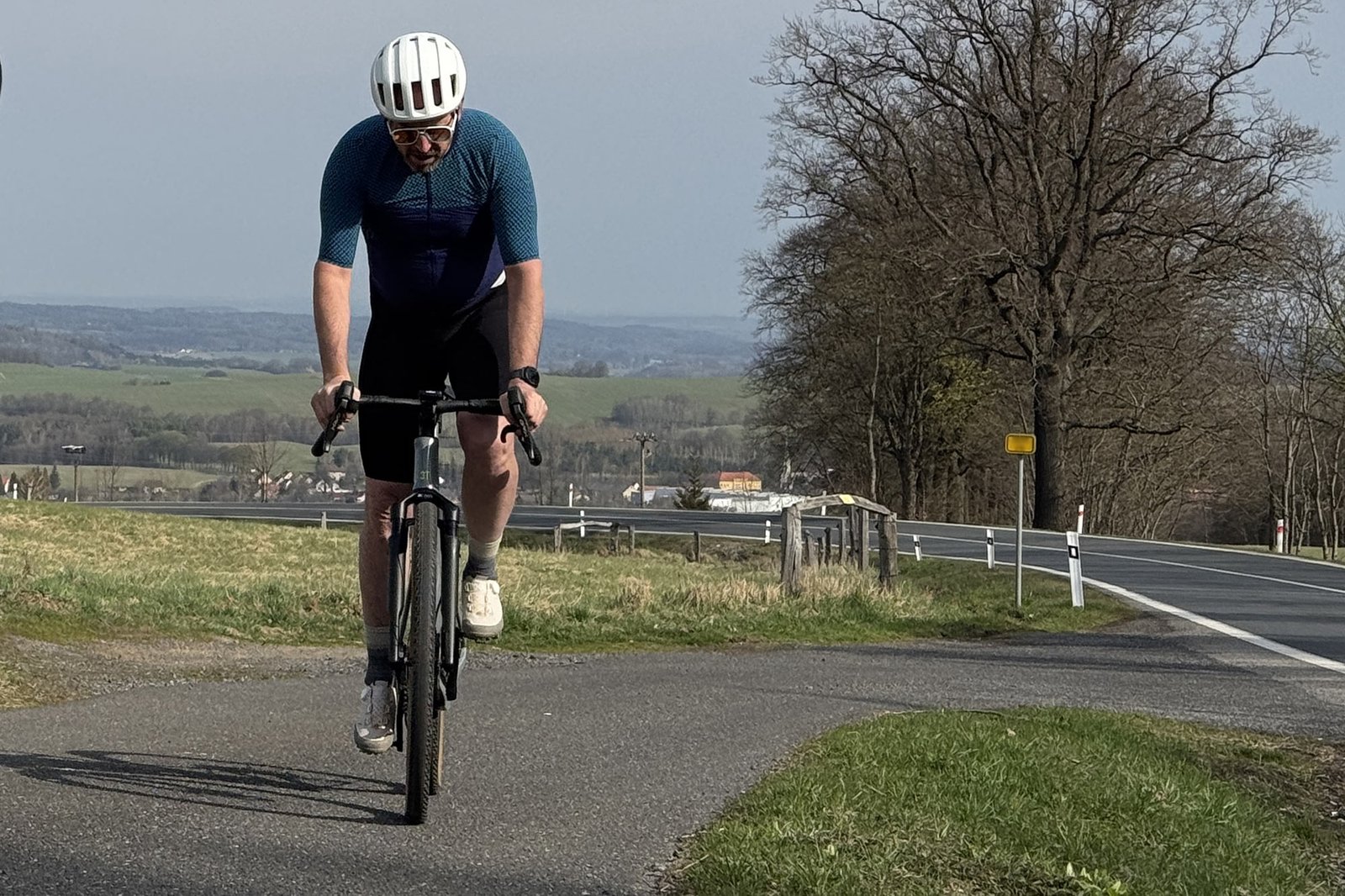 test riding the new Panaracer GravelKing ZX semi-slick gravel tire on tarmac too