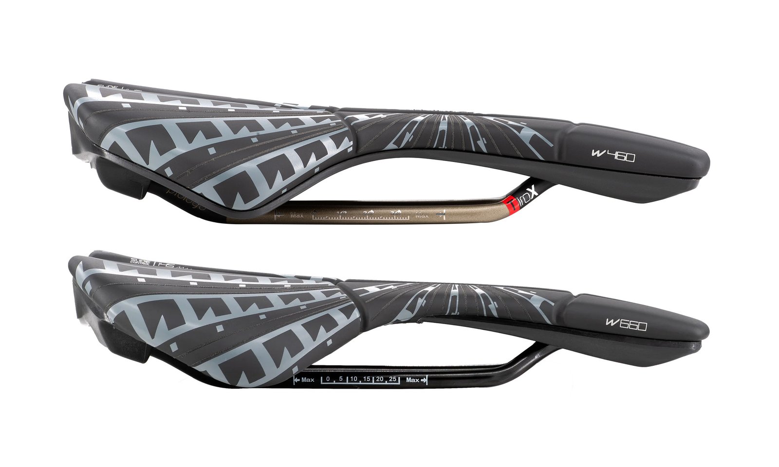 2026 Prologo Proxim W460 gravity MTB saddle, side: ti or steel rails