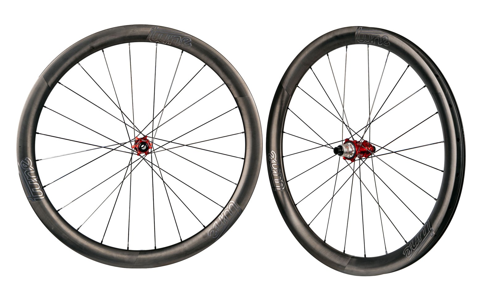 Tune Nano Gravel 45 lightweight all-rounder carbon gravel bike wheels, wheelset with red hubs