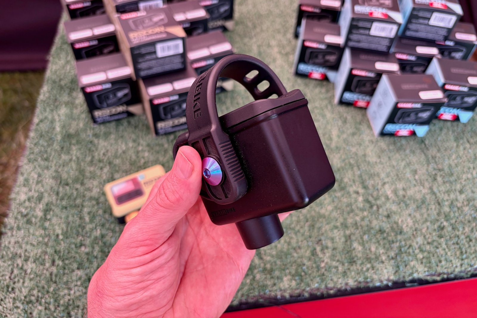 Holding the Viair Recon Mini Carrying Case in the booth at Sea Otter.