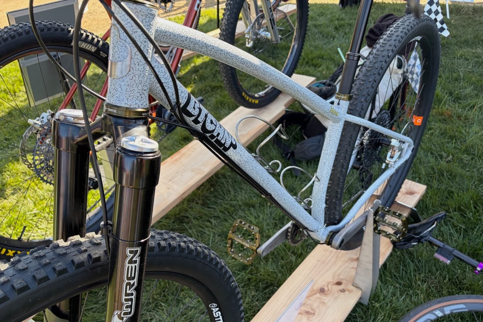 the BTCHN bike at Wolf Tooth viewed from the front at an angle.