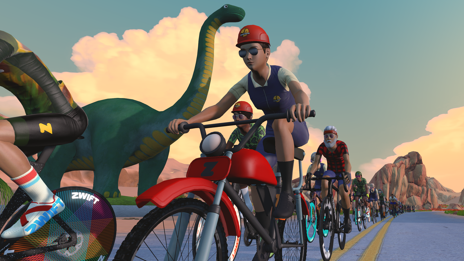 Zwift’s Big Spin dinos and motos