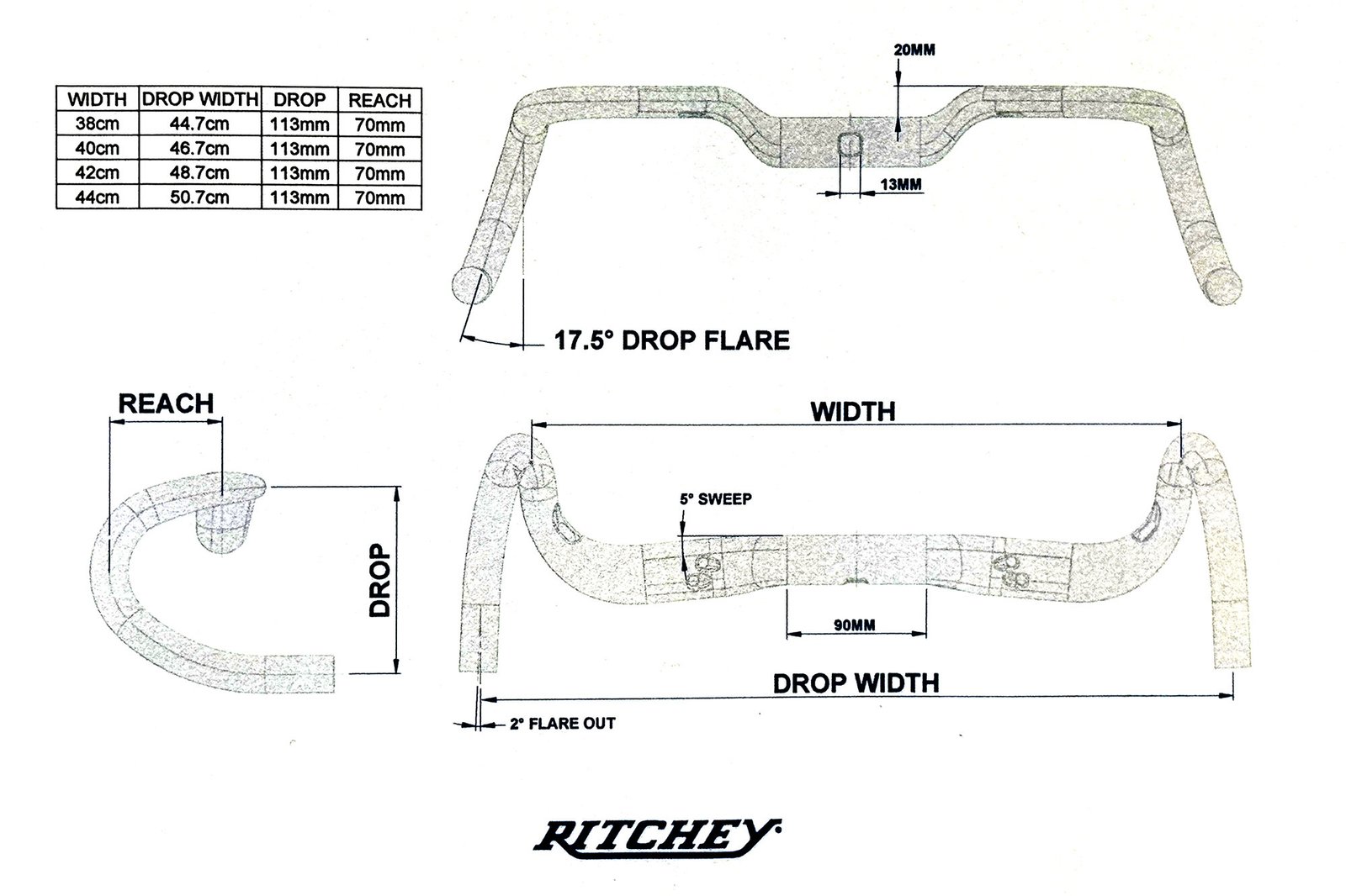 all-new Ritchey SuperLogic ErgoMax flared carbon riser dropbar, dimensions