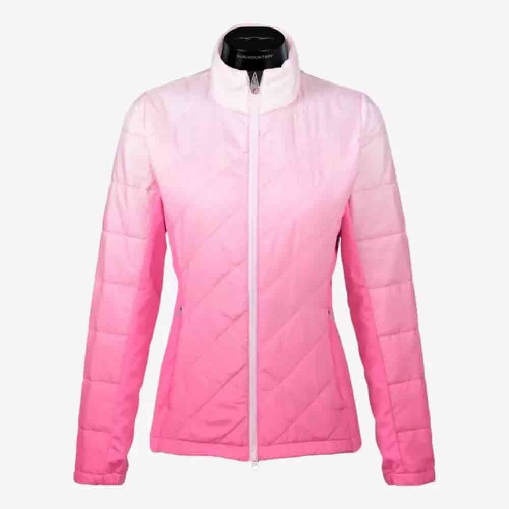 A women's quilted jacket with a front zipper, featuring a gradient color transition from white at the shoulders to bright pink at the hem and sleeves—an ideal Mother's Day gift—displayed on a mannequin against a plain background.
