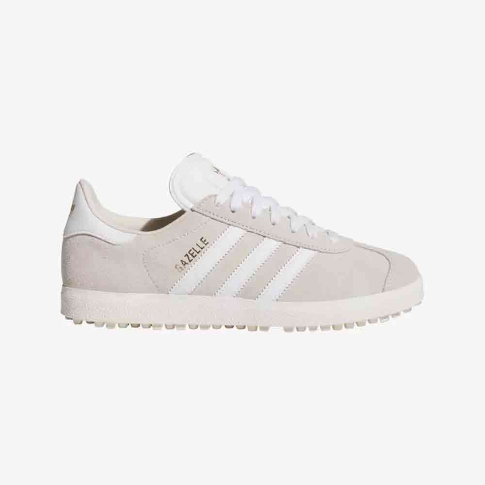 A beige Adidas Gazelle sneaker with white stripes, white laces, and a white sole, shown in a side profile view on a plain white background—an ideal gift for Mother’s Day.