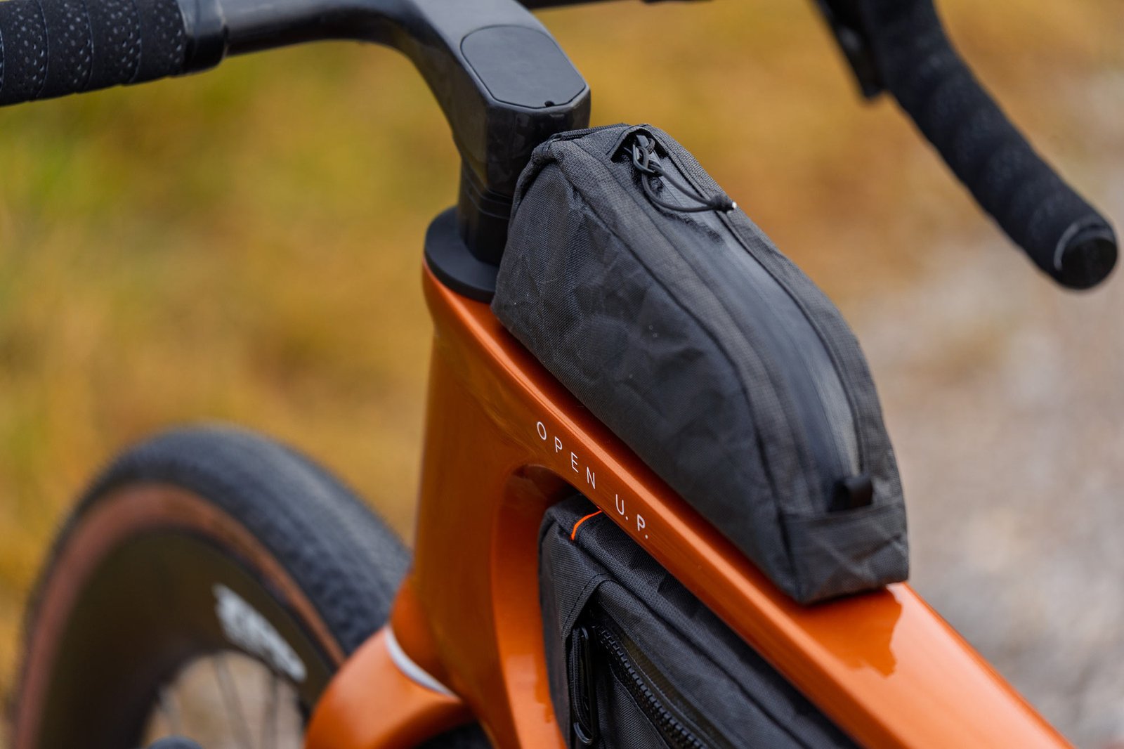 closeup view of framebags on the open up 2 adventure gravel bike.