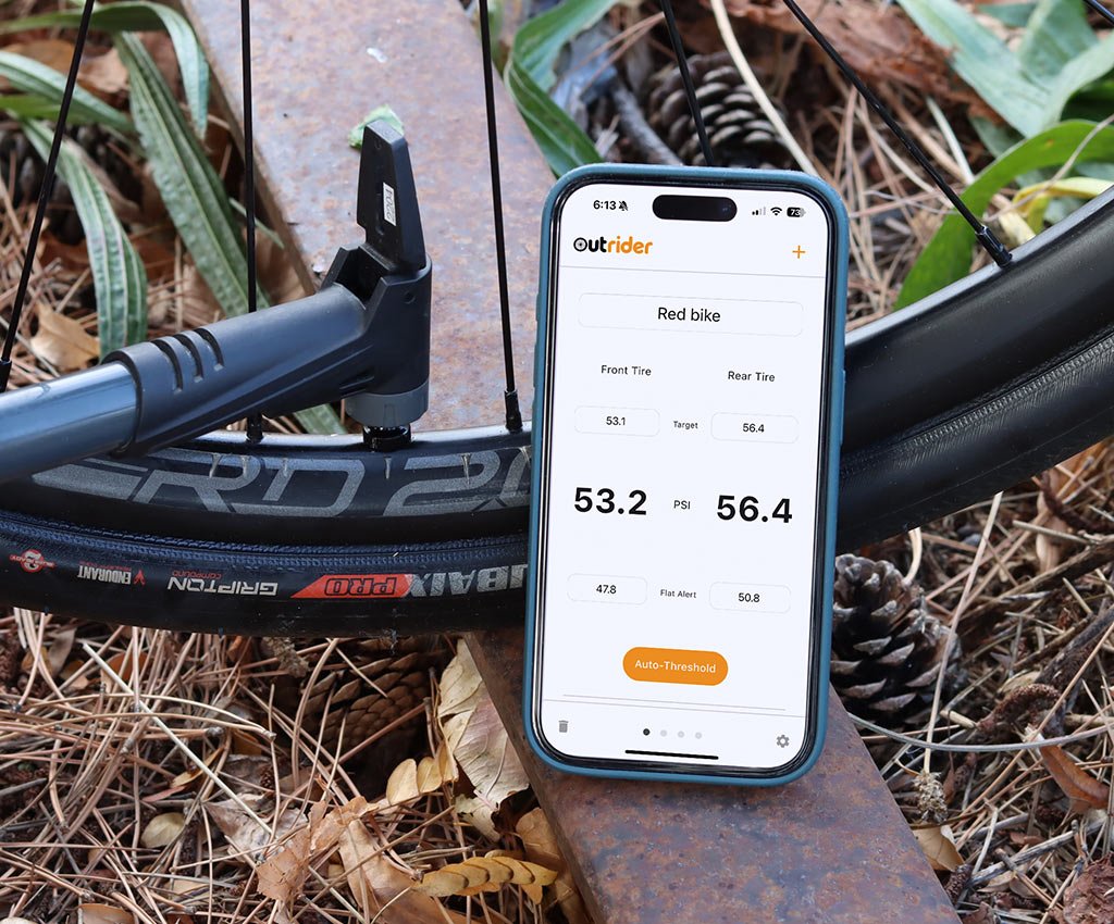 data from outrider TL mini wireless bicycle tire pressure monitor shown on smartphone app.