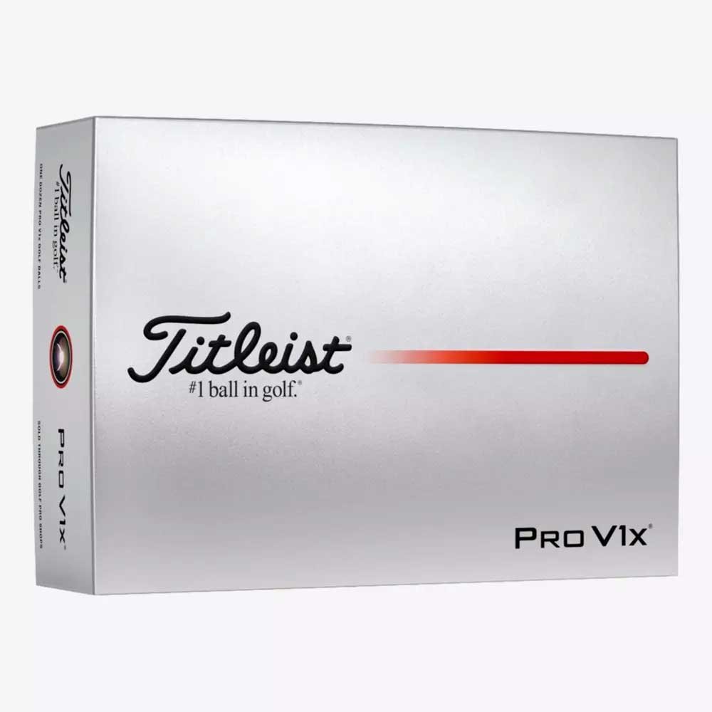 A silver box of Titleist Pro V1x golf balls, featured in Matt Fitzpatrick's winning bag at the 2026 RBC Heritage, with the Titleist logo, #1 ball in golf phrase, and a red line design on the front.