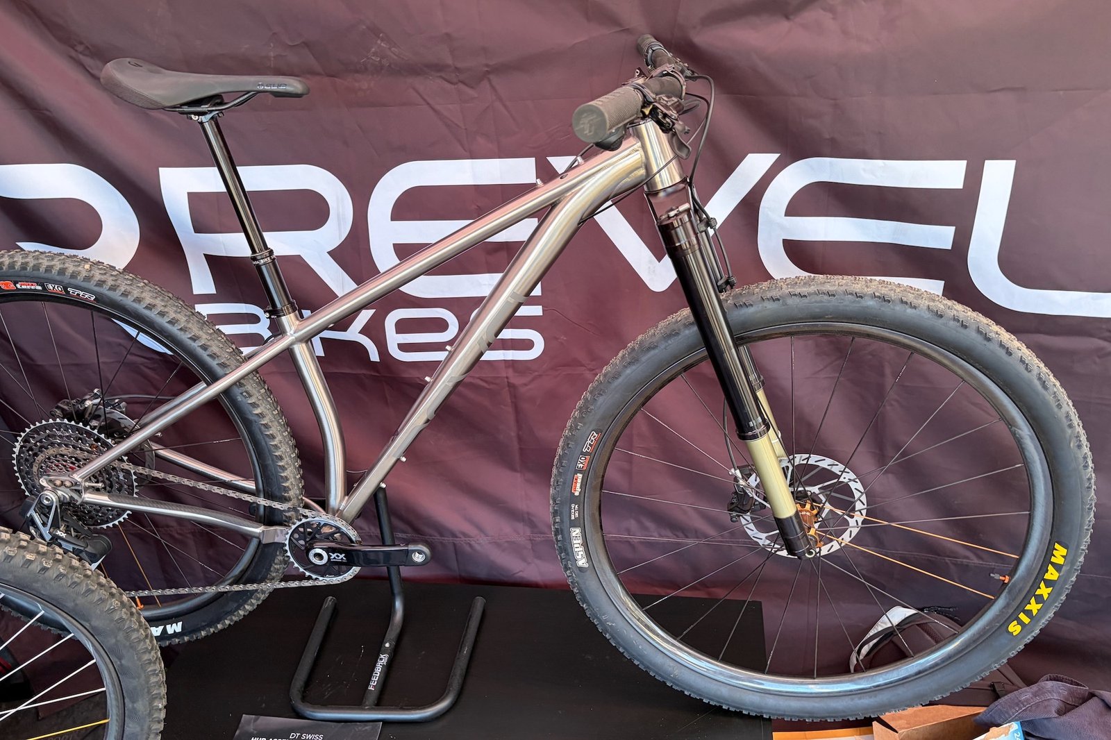 Revel's 32" Ti hardtail on display with a mixed wheel setup