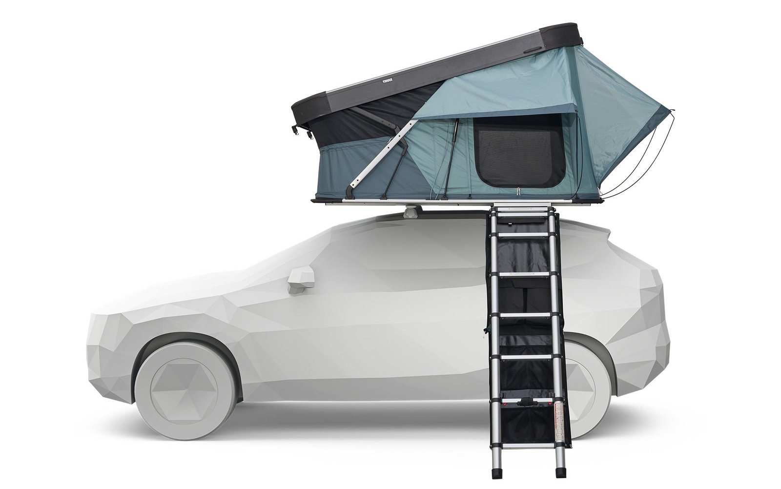 side view of the thule widesky rooftop tent mounted on a car.